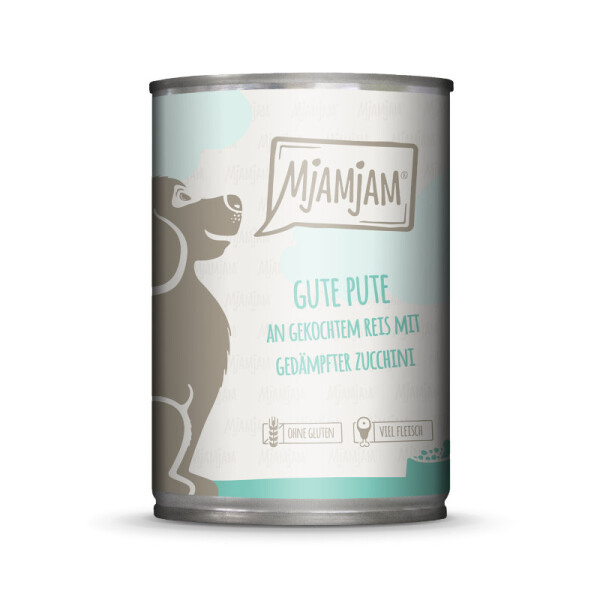 Mjamjam Dog gute Pute an Reis mit gedämpfter Zucchini 400 g