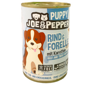 Joe & Pepper Puppy Rind + Forelle mit Karotten 400 g
